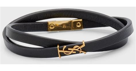 ysl double wrap bracelet in black leather and gold-toned brass